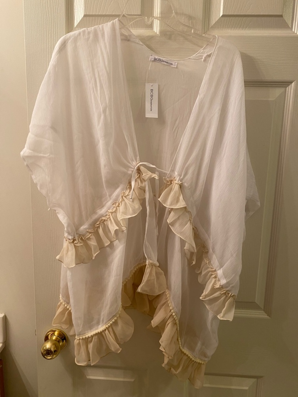 BCBGMaxAzria White Sheer Kimono with Cream Ruffle Trim